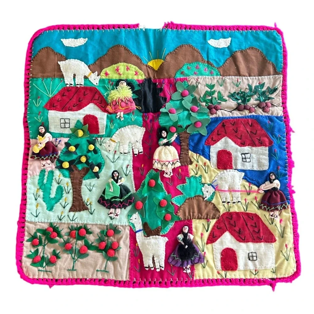 Vintage Handmade Peruvian Arpillera Folk Art Wall Hanging 3D Llama Village Fruit